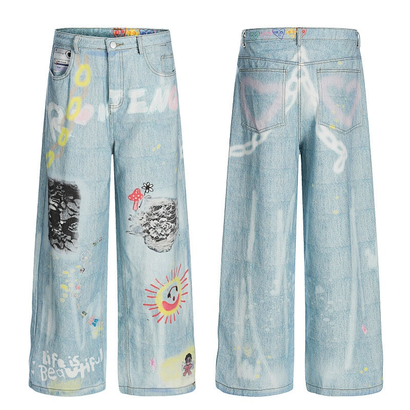 American-style streetwear harem pants Colorful Doodle Art Washed Baggy Denim