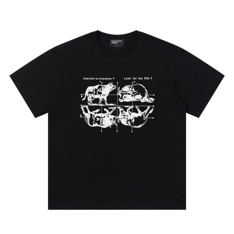 ERD T Shirts Black Base Quad Grid Animal Sketch Vintage Text Front Graphic