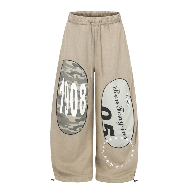 American-style streetwear harem pants Camo Panel 1908 Letter Loose Barrel Trousers