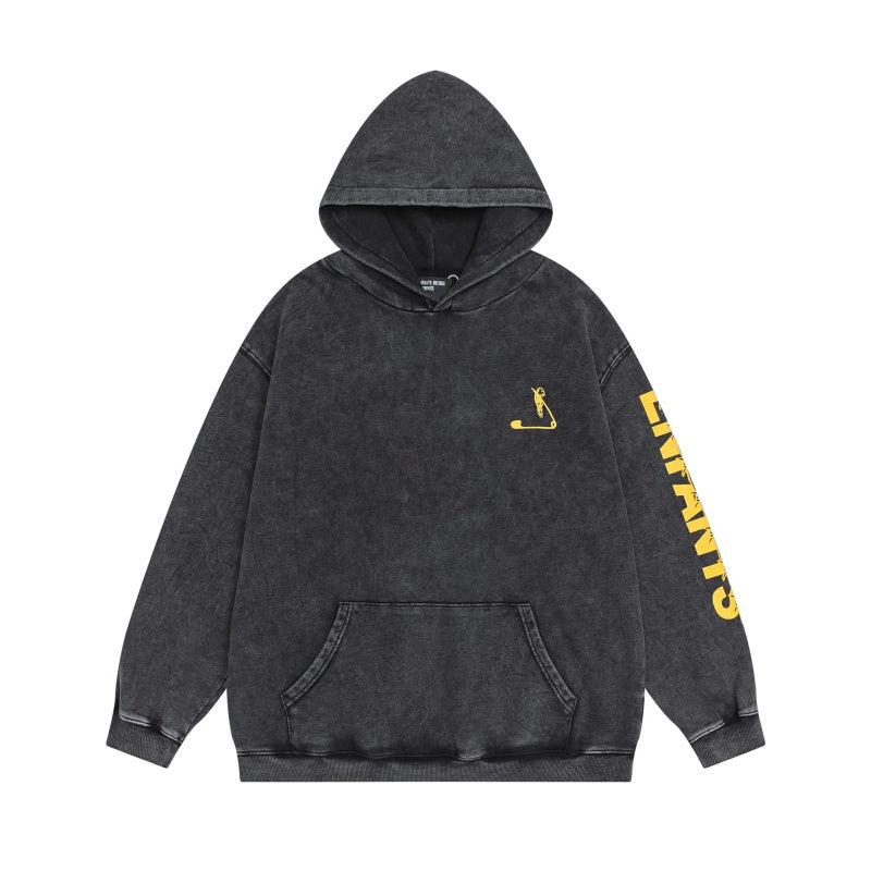 ERD Hoodie Distressed Stone Wash Top Multi-Panel Yellow Barcode Text & Schematic Artwork