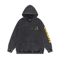 ERD Hoodie Distressed Stone Wash Top Multi-Panel Yellow Barcode Text & Schematic Artwork