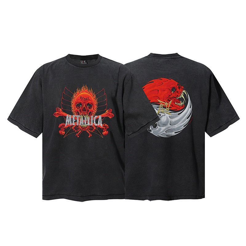 Saint Michael T Shirts Distressed Black Front Flame Skull Crossbone Back Dragon Demon Metal Band Streetwear Top
