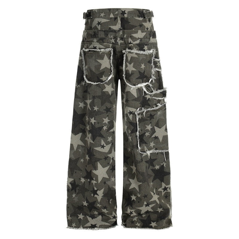 American-style streetwear harem pants Frayed Trim Multi-Pocket Relaxed Slacks