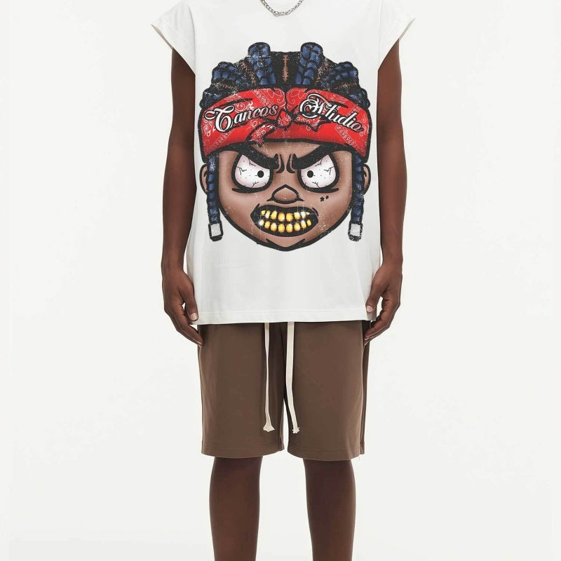 BIG FACE Drop-Shoulder Tank Top High-street vintage style featuring a small neckline, white-ink digital direct-to-garment (DTG) printing, and a heavy-duty, distressed wash finish; crafted from 260g double-yarn plain-knit fabric.