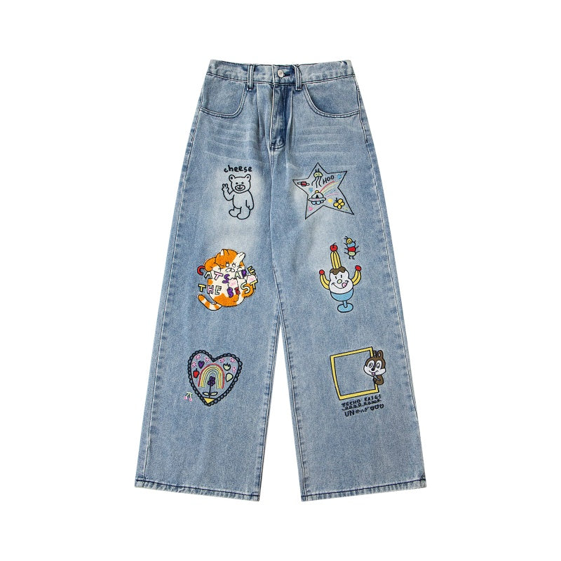 Street-style vintage jeans Retro Casual Harajuku Style Straight-Leg Denim Trousers with Cute Embroidery Patches