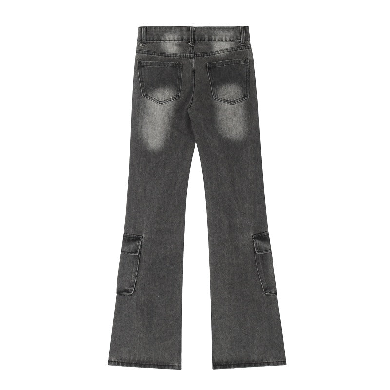 American-style streetwear harem pants Retro Bleach Wash Wide Flare Cargo Jeans