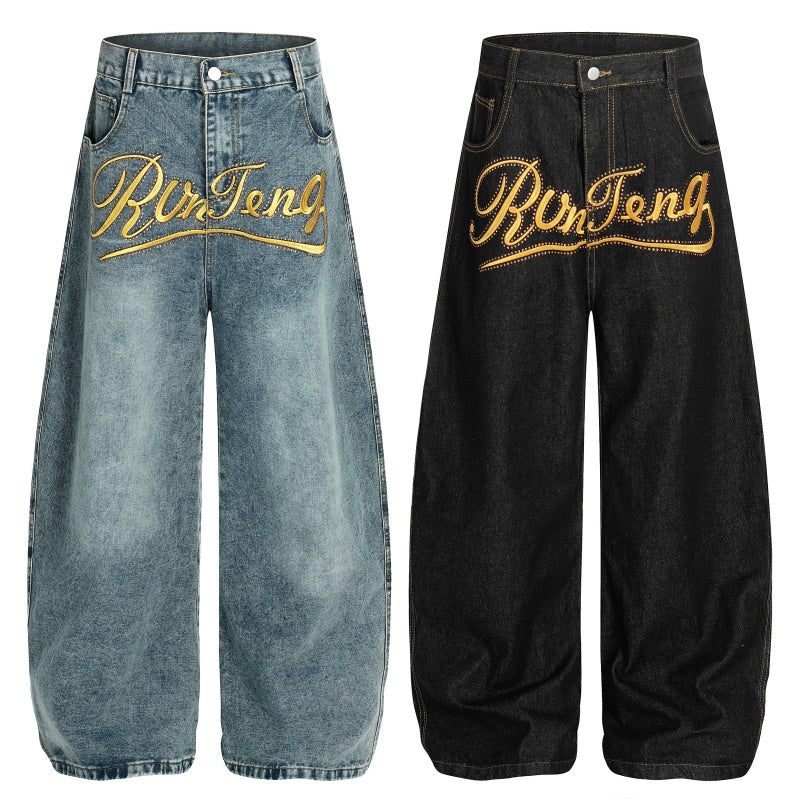 American-style streetwear harem pants Faded Gold Foil Script Baggy Denim