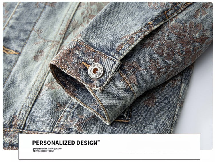 Denim Jacket & Jeans High-Street Trend Retro Casual Matching Botanical Graphic Trucker Jacket and Slim-Fit Pants Outfit(jacket and jeans must be purchased separately.)