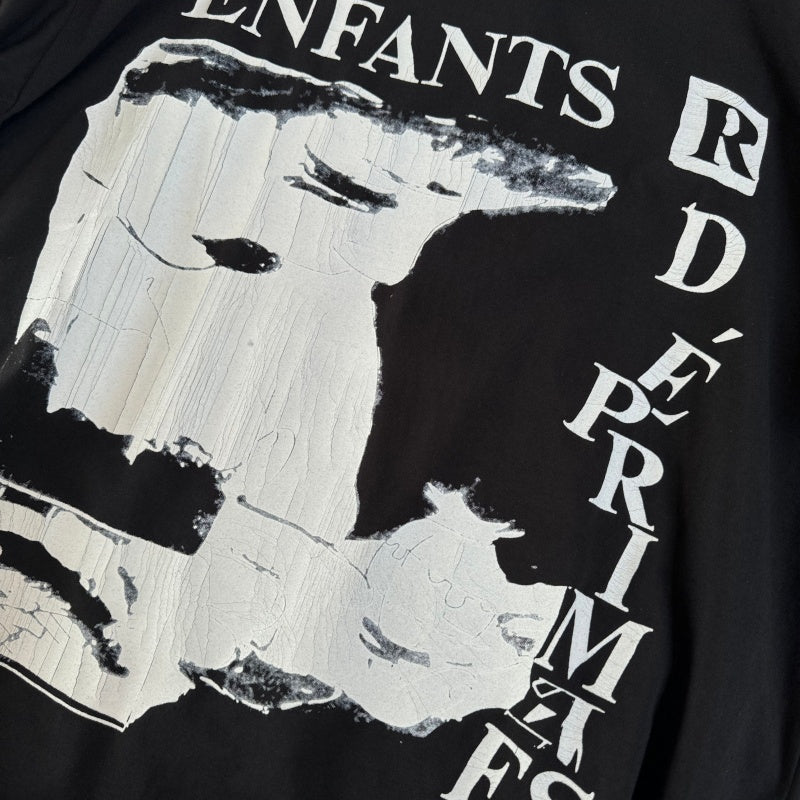 ERD T Shirts Deconstructed Faded Half-Face Graphic Side Vertical Letter Print Washed Black Oversized Tee