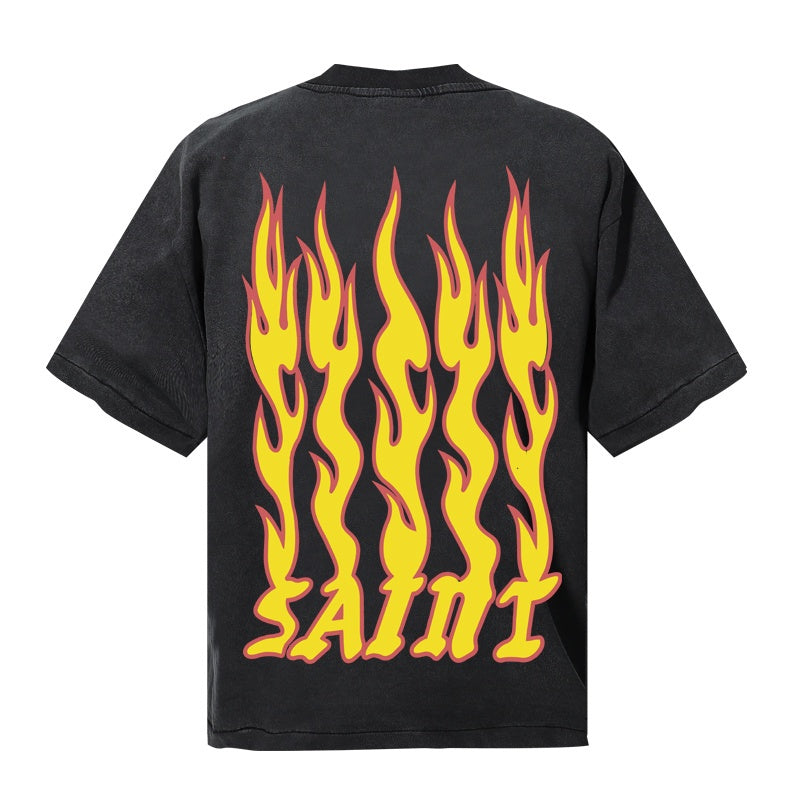 Saint Michael T Shirts Yellow Flame Font "Soul On Fire" Retro Acid Wash Streetwear Print