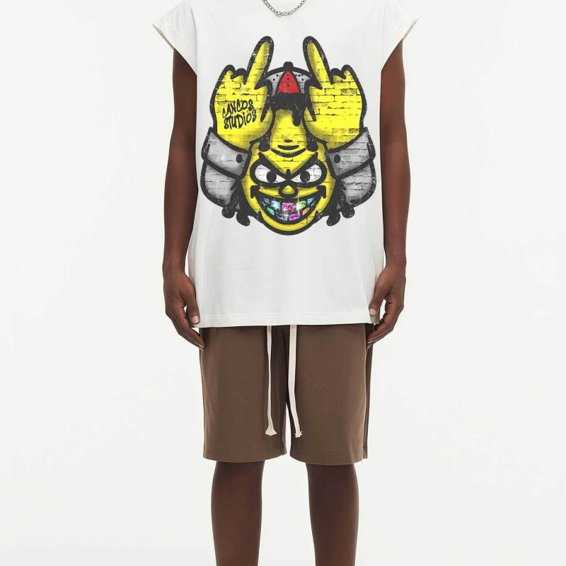 BIG FACE Drop-Shoulder Tank Top High-street vintage style featuring a small neckline, white-ink digital direct-to-garment (DTG) printing, and a heavy-duty, distressed wash finish; crafted from 260g double-yarn plain-knit fabric.