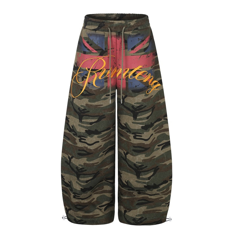 American-style streetwear harem pants Faded Camo Flag Graphic Loose Street Pants