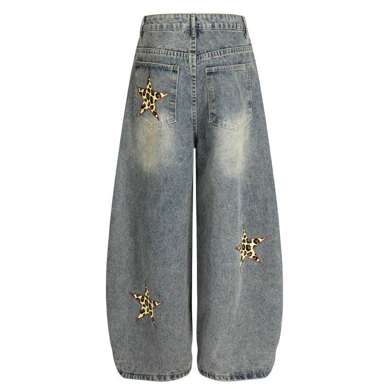 American-style streetwear harem pants Washed Leopard Star Letter Baggy Denim