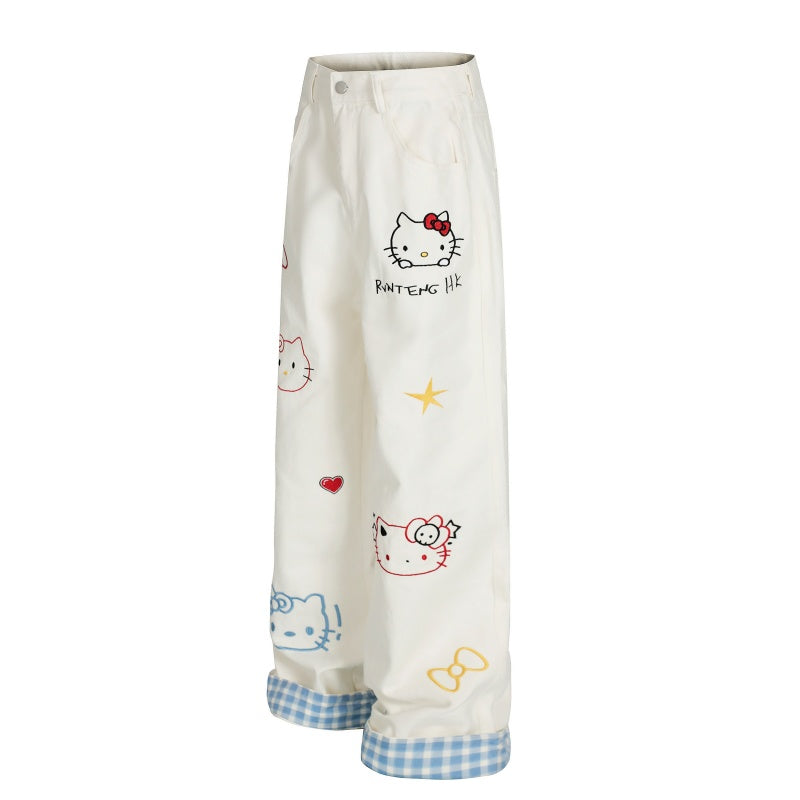 American-style streetwear harem pants Cute Cartoon Cat Stitched Roll Hem Denim