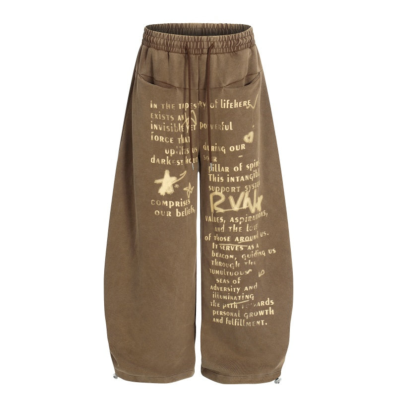American-style streetwear harem pants Distressed Poem Graphic Baggy Drawstring Bottoms