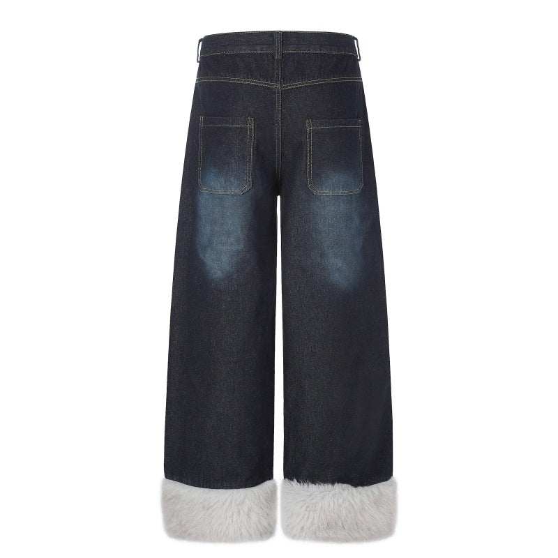 American-style streetwear harem pants Grunge Furry Hem Contrast Plaid Pocket Denim