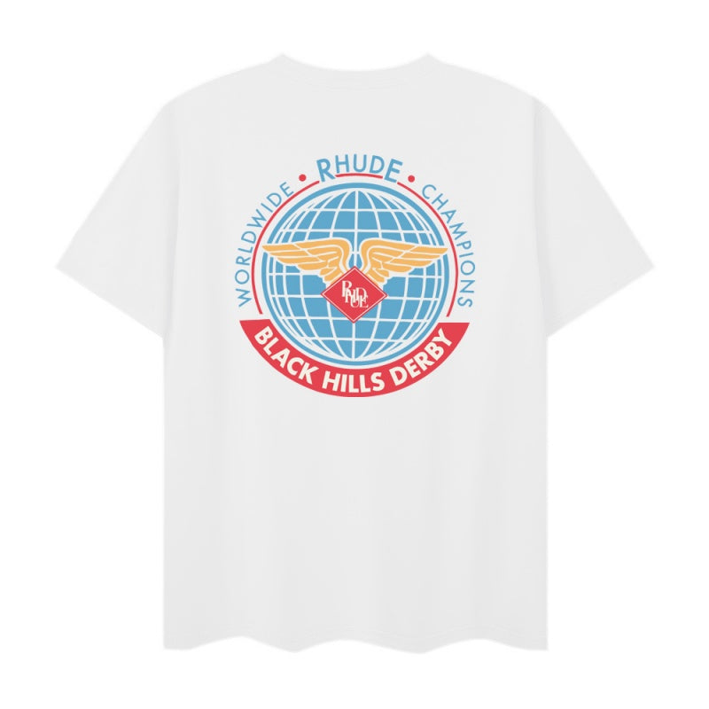 RHUDE T Shirts Distressed Circular Aviation Art