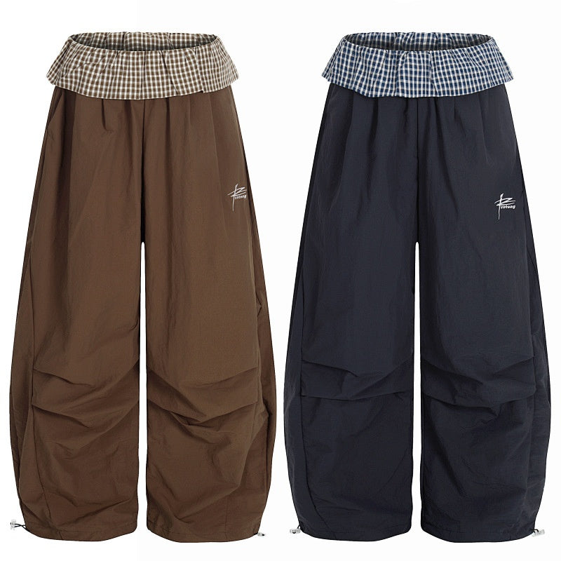 American-style streetwear harem pants Contrast Check Waistband Loose Parachute Pants