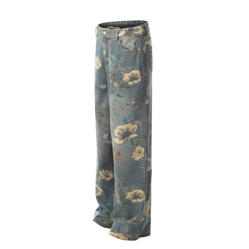 American-style streetwear harem pants Bohemian Floral Print Relaxed Fit Denim, Faded Retro Flower Trousers