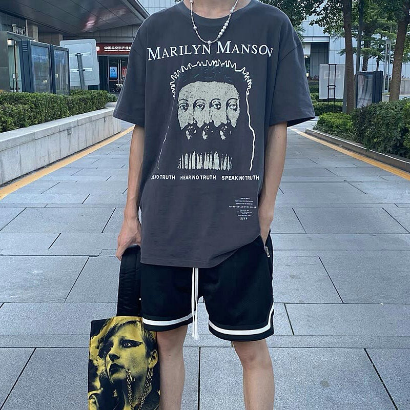 Mens T-shirt Vintage American-style Fear of God FOG Psychedelic Portrait High-Quality Loose-Fit Drop-Shoulder Tee