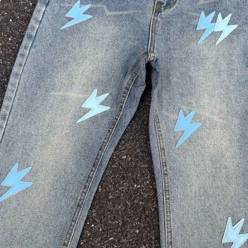 Lightning Pattern Jeans High-quality high-street pure cotton trousers