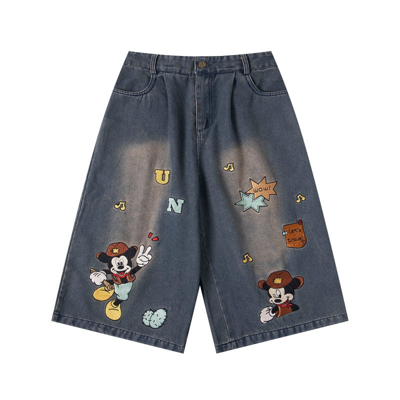Street-style vintage Cropped trousers Retro Casual Hip Hop Patchwork Denim Jorts with Cute Character Embroidery