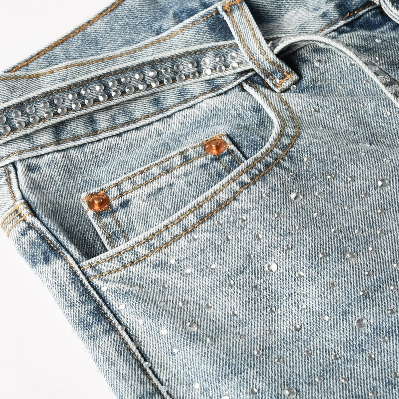 Purple brand Jeans High-quality pure cotton streetwear trousers Rhinestone-embellished loose straight-leg trousers Comes with a belt