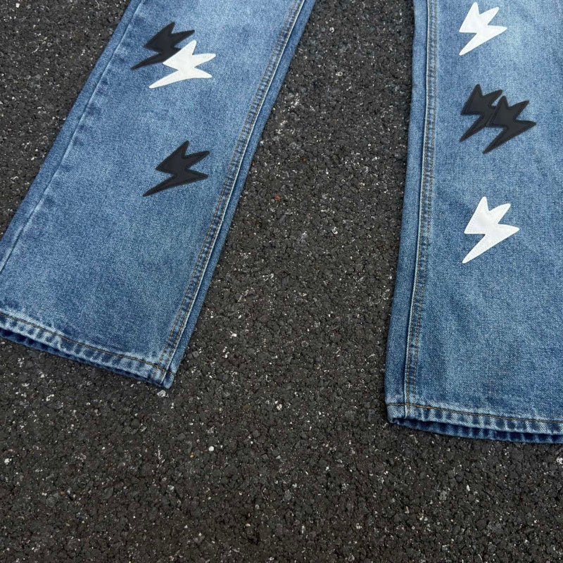Lightning Pattern Jeans High-quality high-street pure cotton trousers