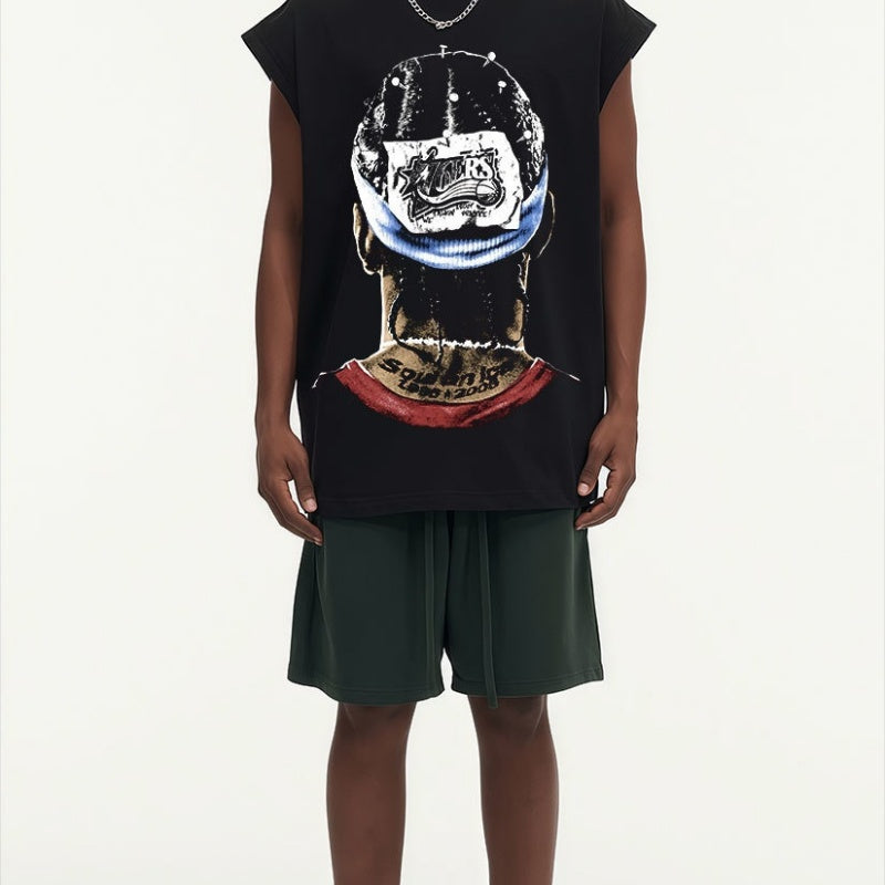 BIG FACE Drop-Shoulder Tank Top High-street vintage style featuring a small neckline, white-ink digital direct-to-garment (DTG) printing, and a heavy-duty, distressed wash finish; crafted from 260g double-yarn plain-knit fabric.