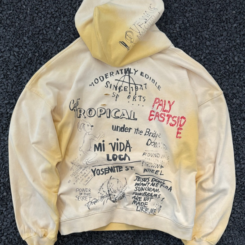 Unisex Vintage Hoodie PalyHollywood SS25 “EPDS” Exclusive: Washed & Distressed Hoodie. Features multi-zone handcrafted distressing and a heavyweight "Asut" enzyme-milled wash finish.
