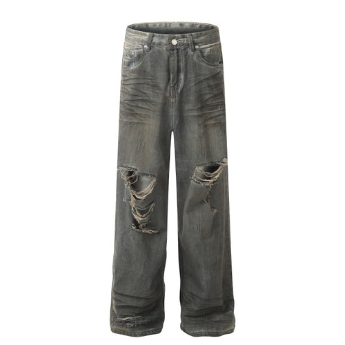 American-style streetwear harem pants Multi‑Torn Knee Grunge Streetwear Denim Trousers