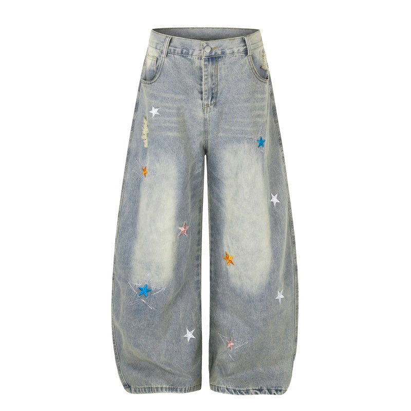 American-style streetwear harem pants Light Wash Star Embroidery Loose Barrel Cut Denim