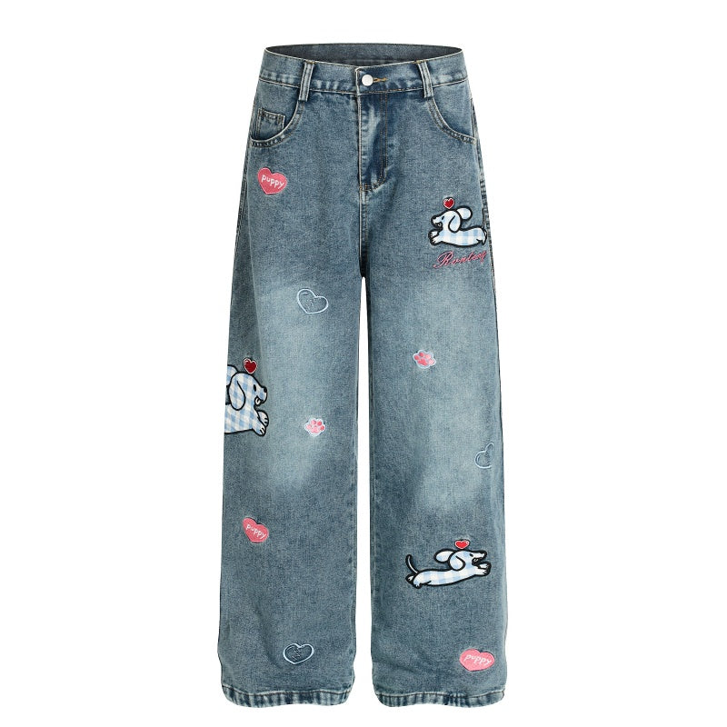 American-style streetwear harem pants Heart Sausage Dog Embroidered Wide Denim
