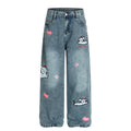 American-style streetwear harem pants Heart Sausage Dog Embroidered Wide Denim