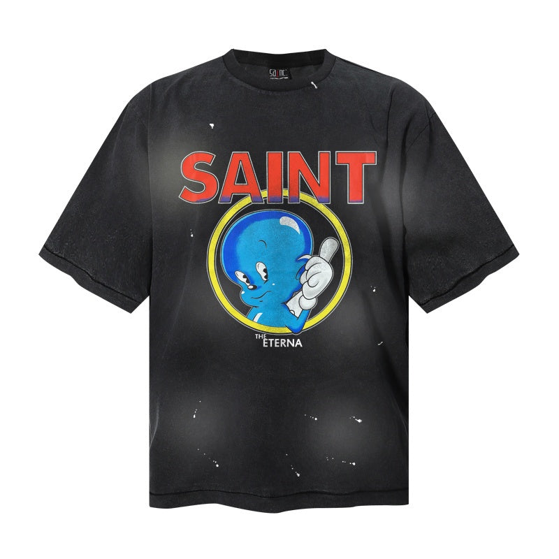 Saint Michael T Shirts Red Saint Bold Letter Vintage Distressed Streetwear Motif