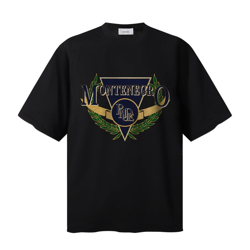 RHUDE T Shirts Varsity‑Style Metallic Monogram Emblem Print