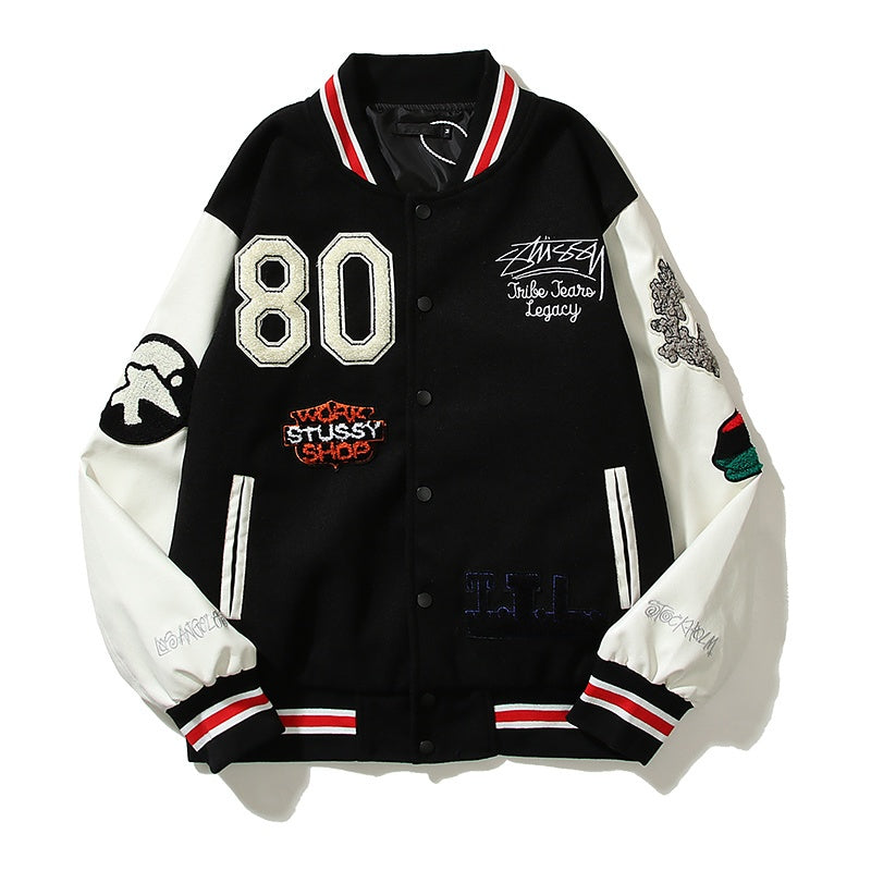 American-style baseball jacket Leather Sleeve S-Logo Graphic Oversized Embroidered Thickened Baseball Jacket – Embracing the "Vibe" Aesthetic
