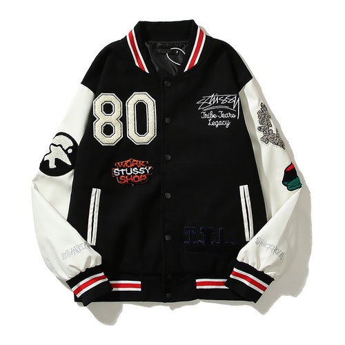 American-style baseball jacket Leather Sleeve S-Logo Graphic Oversized Embroidered Thickened Baseball Jacket – Embracing the "Vibe" Aesthetic