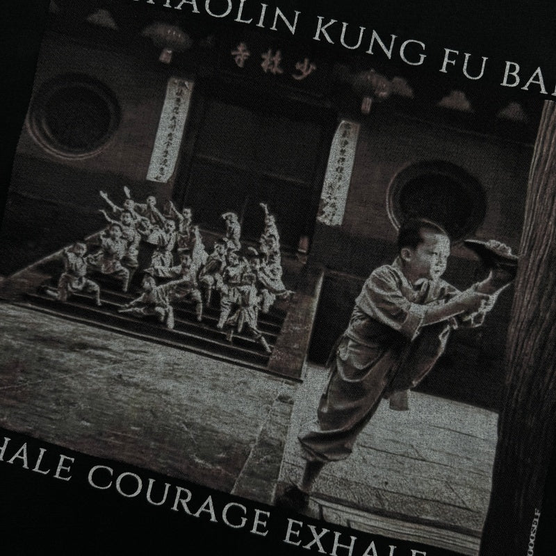 Unisex Vintage T Shirts "Inhale courage, exhale fear" — featuring Shaolin Kung Fu elements and a heavy-duty washed, distressed finish.
