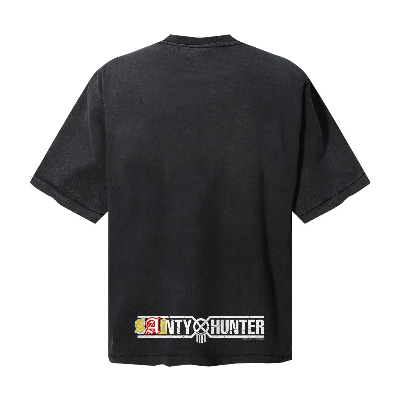 Saint Michael T Shirts Washed Black Distressed Saintly Hunter Shield Skull Crossbone Vintage Graphic