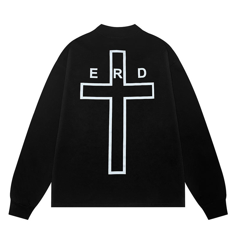 ERD Long sleeved shirt  Streetwear Long Sleeve Tee Two-Tone Script & Outline Cross Print