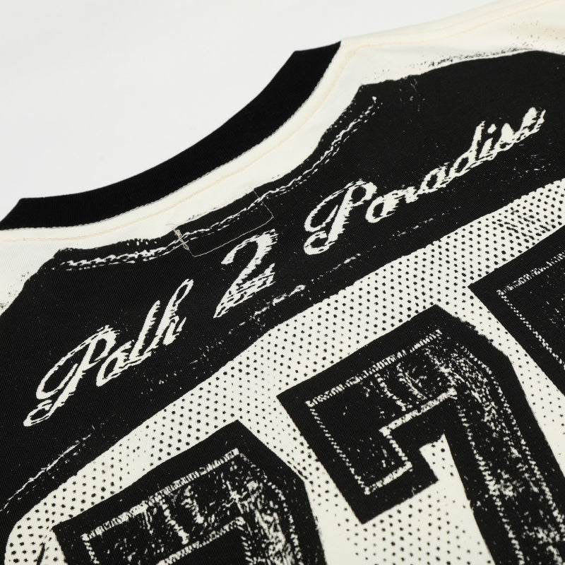 Vintage-style American T-shirt Monochrome Masked Figure Raglan Portrait Print