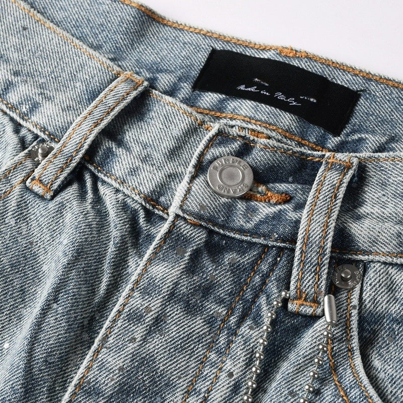Purple brand Jeans High-quality pure cotton streetwear trousers Rhinestone-embellished straight-leg loose-fit