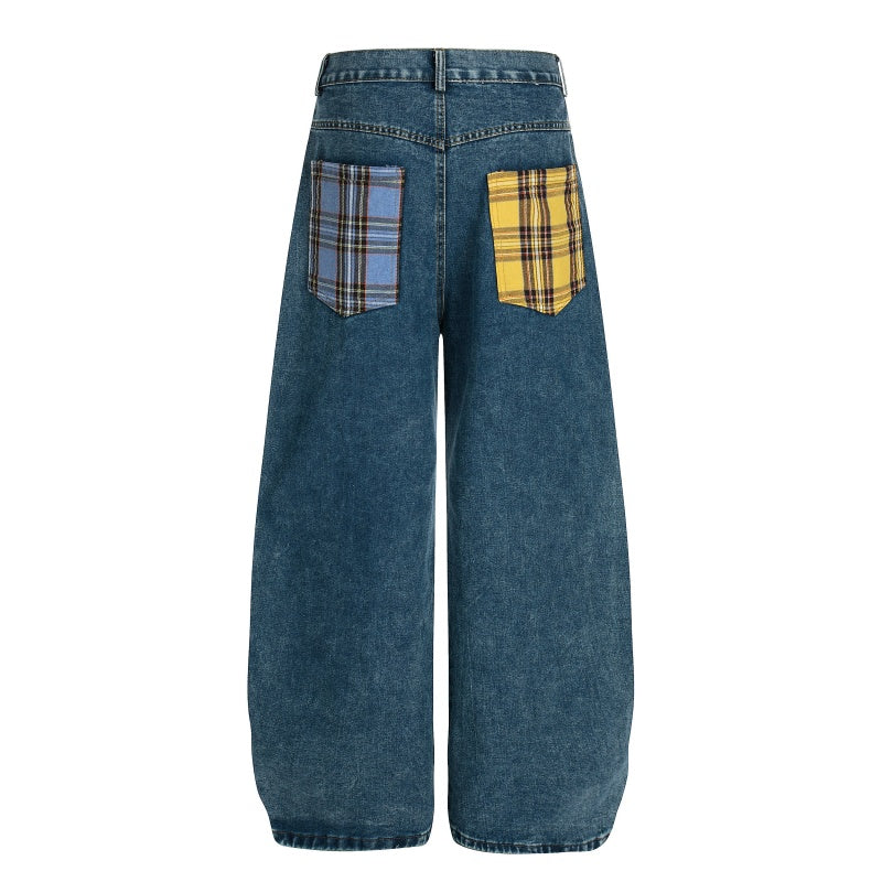 American-style streetwear harem pants Color Block Tartan Patch Baggy Denim
