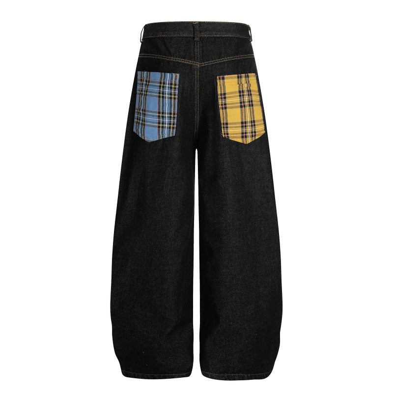 American-style streetwear harem pants Color Block Tartan Patch Baggy Denim