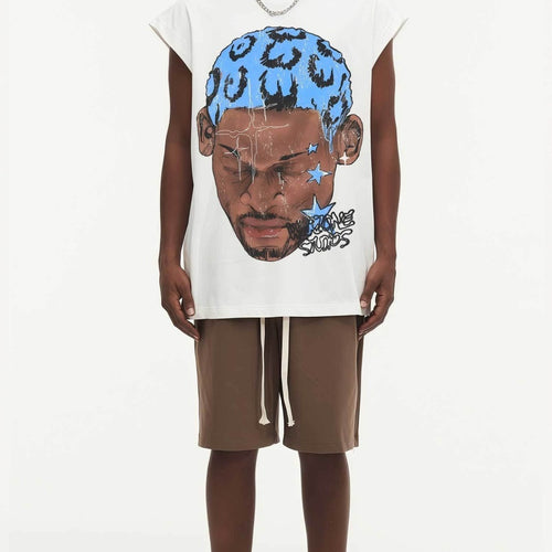 BIG FACE Drop-Shoulder Tank Top High-street vintage style featuring a small neckline, white-ink digital direct-to-garment (DTG) printing, and a heavy-duty, distressed wash finish; crafted from 260g double-yarn plain-knit fabric.