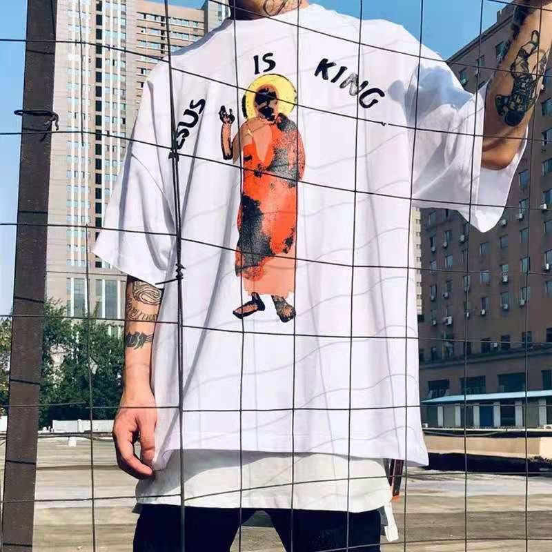 Mens T-shirt Vintage American-style Kanye-style oversized drop-shoulder tee with "Jesus/God" puff print.