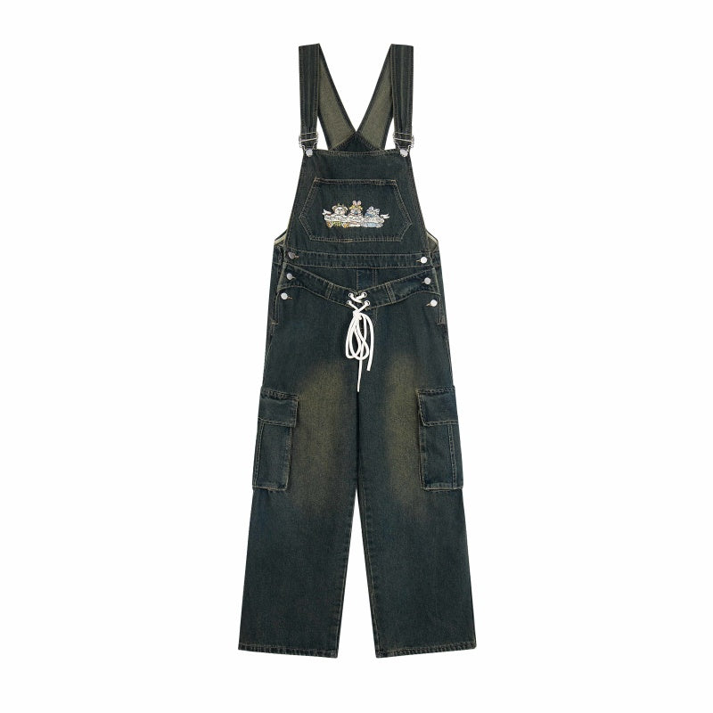 Street-style vintage jeans Women Overalls Y2K Vintage Denim Cargo Overalls with Lace-Up Waist and Cartoon Embroidery