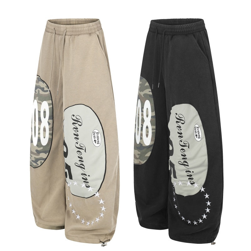 American-style streetwear harem pants Camo Panel 1908 Letter Loose Barrel Trousers