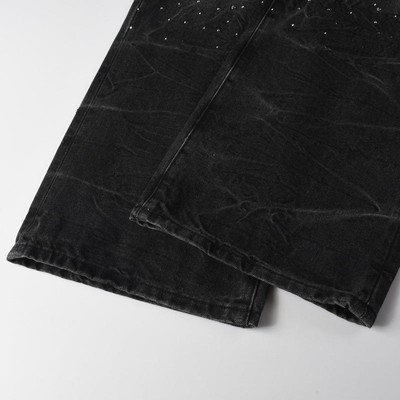 Purple brand Jeans High-quality pure cotton streetwear trousers Rhinestone-embellished loose straight-leg trousers